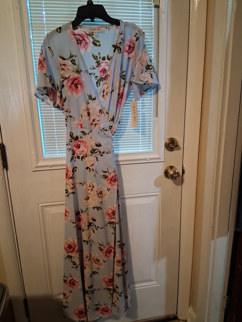 Magnolia Skye Light Blue Floral Wrap Maxi Dress with Pink Roses